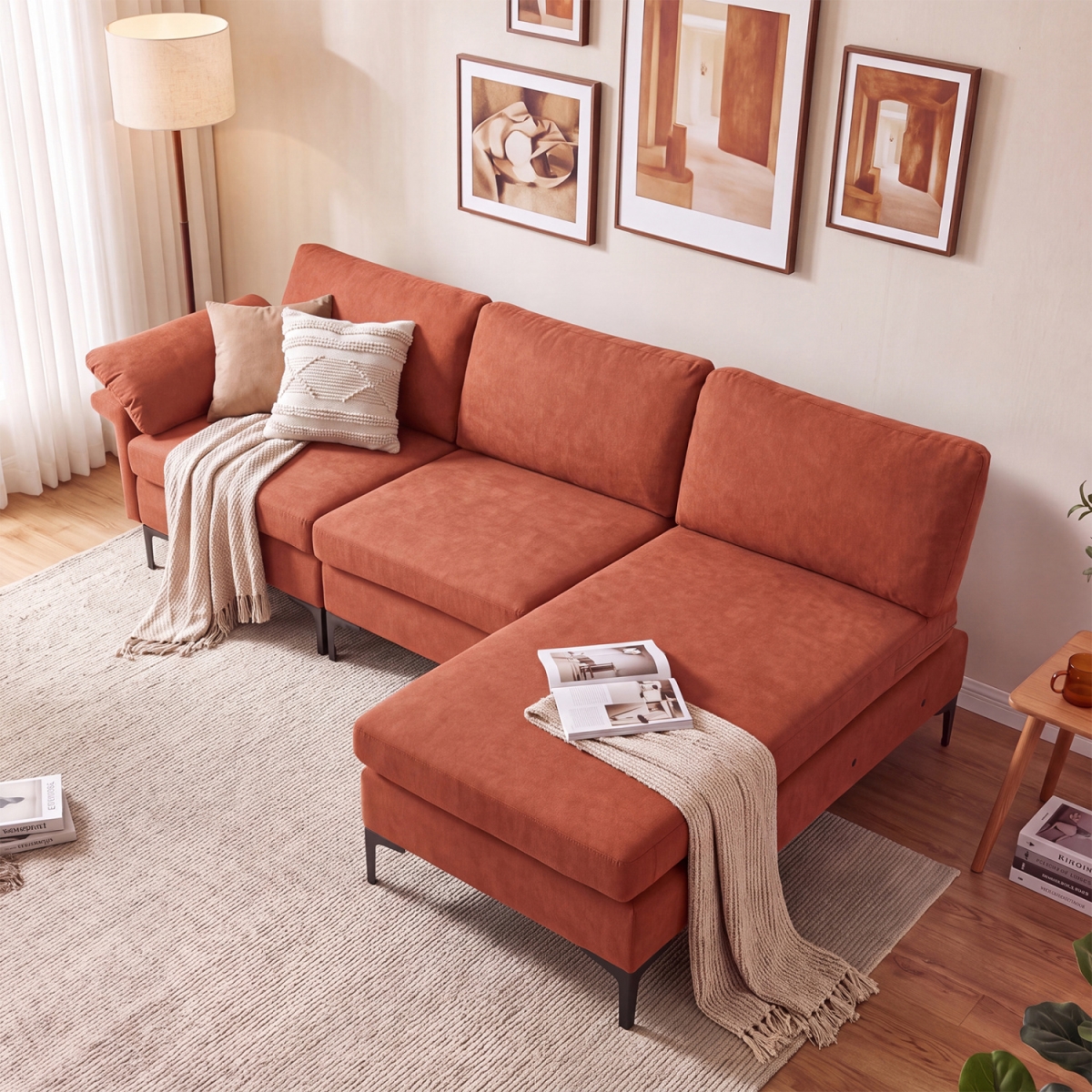 HV10301RE-B-HV10301US-RE-C-HV10301US-RE-D L-Shaped Sectional Sofa Convertible 4-Seater Modular Couch with 2 3-Hole Outlets & 4 USB Ports - Red