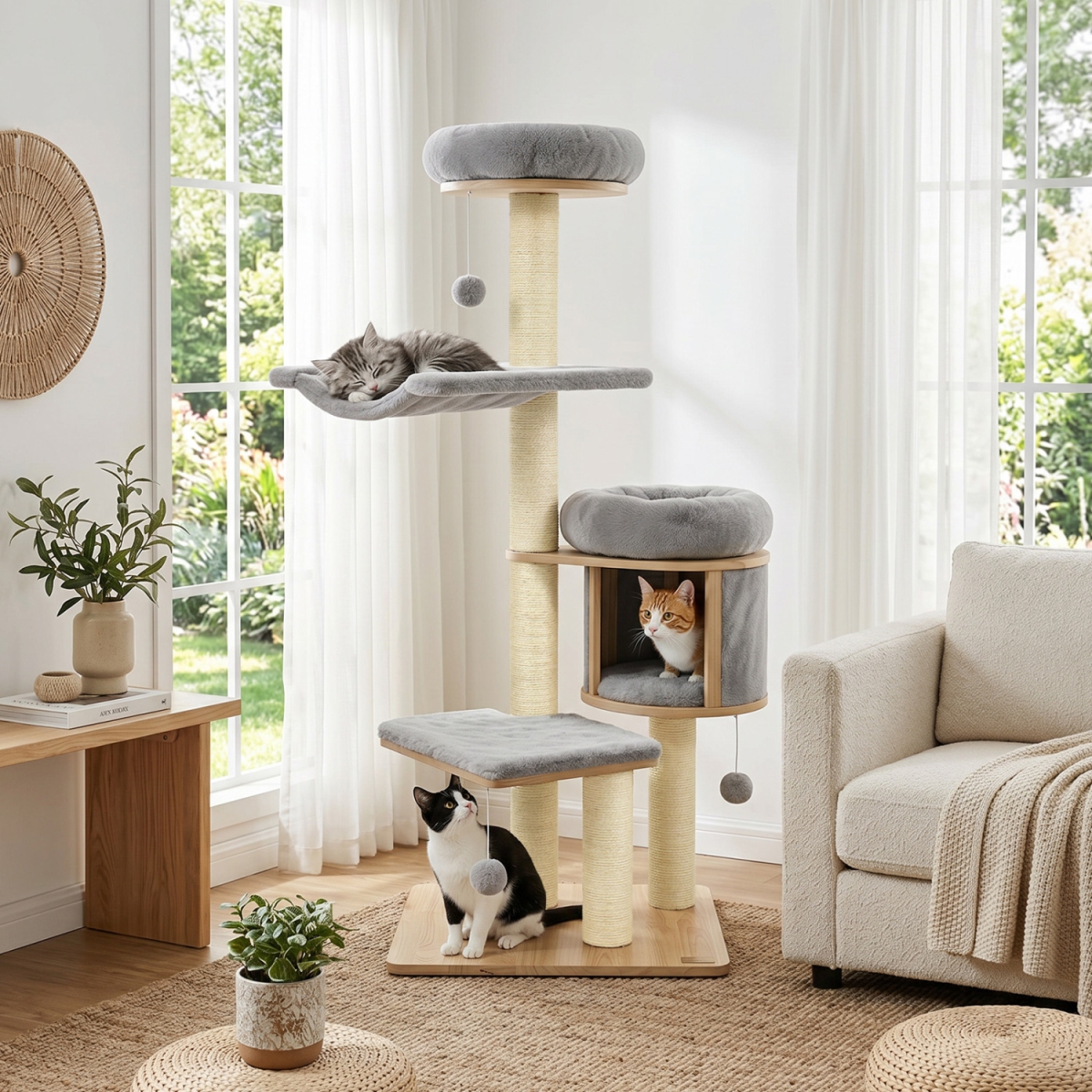 PV10599GR 55 in. Solid Rubber Wood Cat Tree with Condo & Hammock & Scratching Posts for Adult Cats - Gray