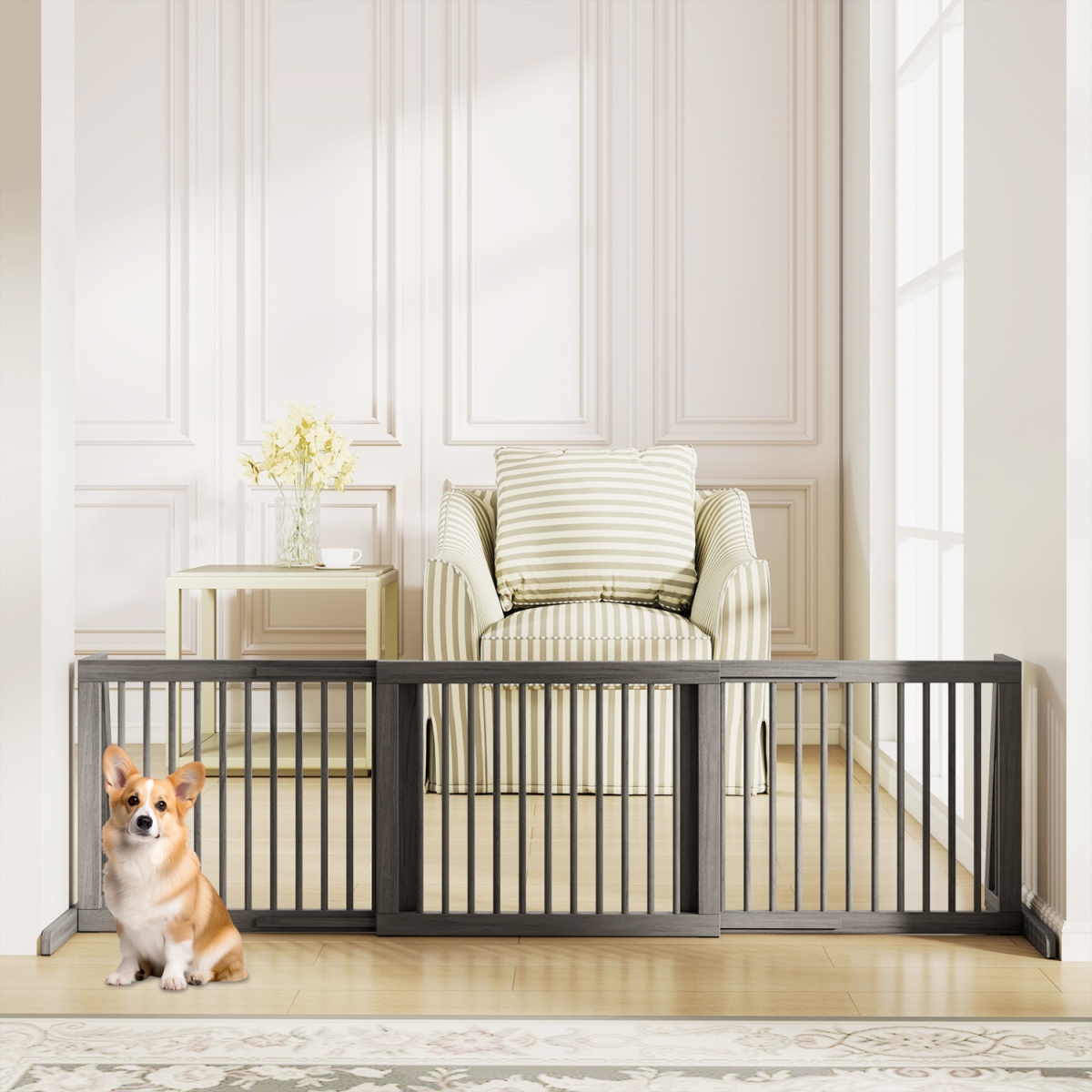 PW10041GR Folding Adjustable Free Standing 3 Panel Wood Fence for Dogs - Gray