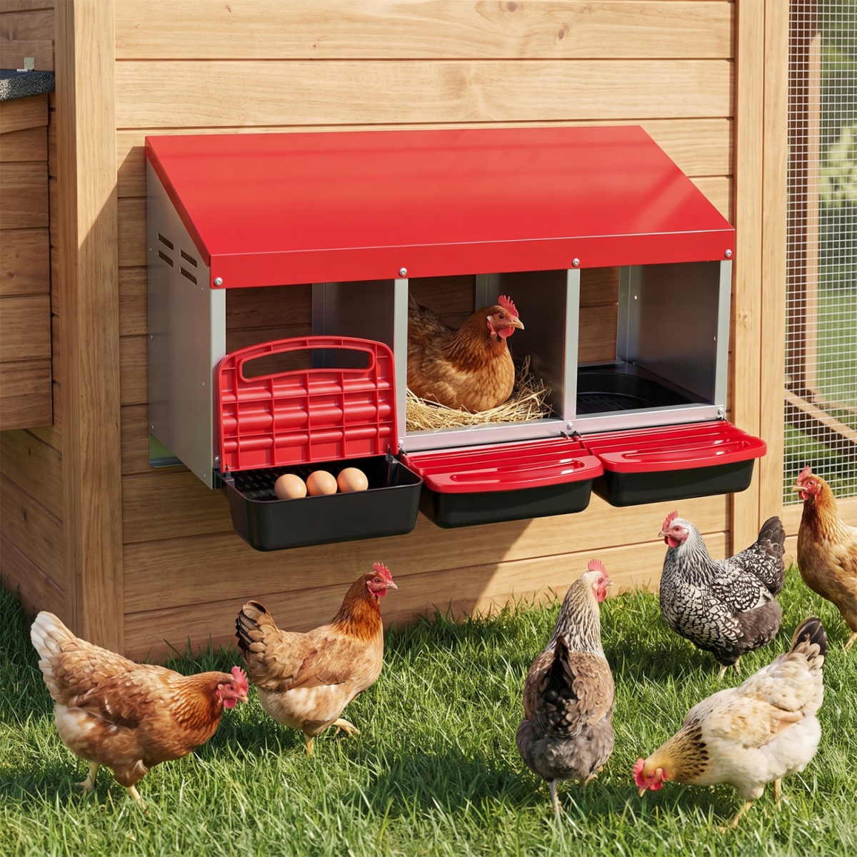 PW10203RE 3-Compartment Roll Away Metal Chicken Nesting Box for Hens - Red