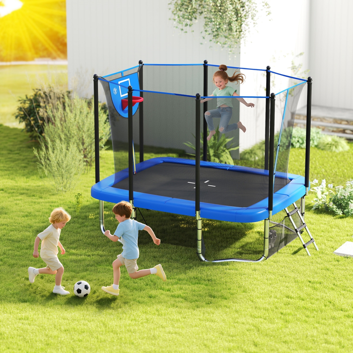 TW10145BL- Rectangle Outdoor Trampoline 10 x 8 ft. Heavy-Duty Trampoline with Basketball Hoop - Blue