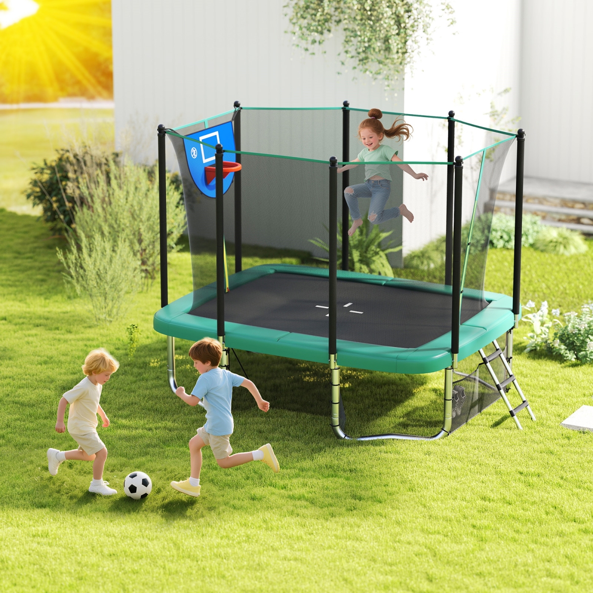 TW10145GN- Rectangle Outdoor Trampoline 10 x 8 ft. Heavy-Duty Trampoline with Basketball Hoop - Green