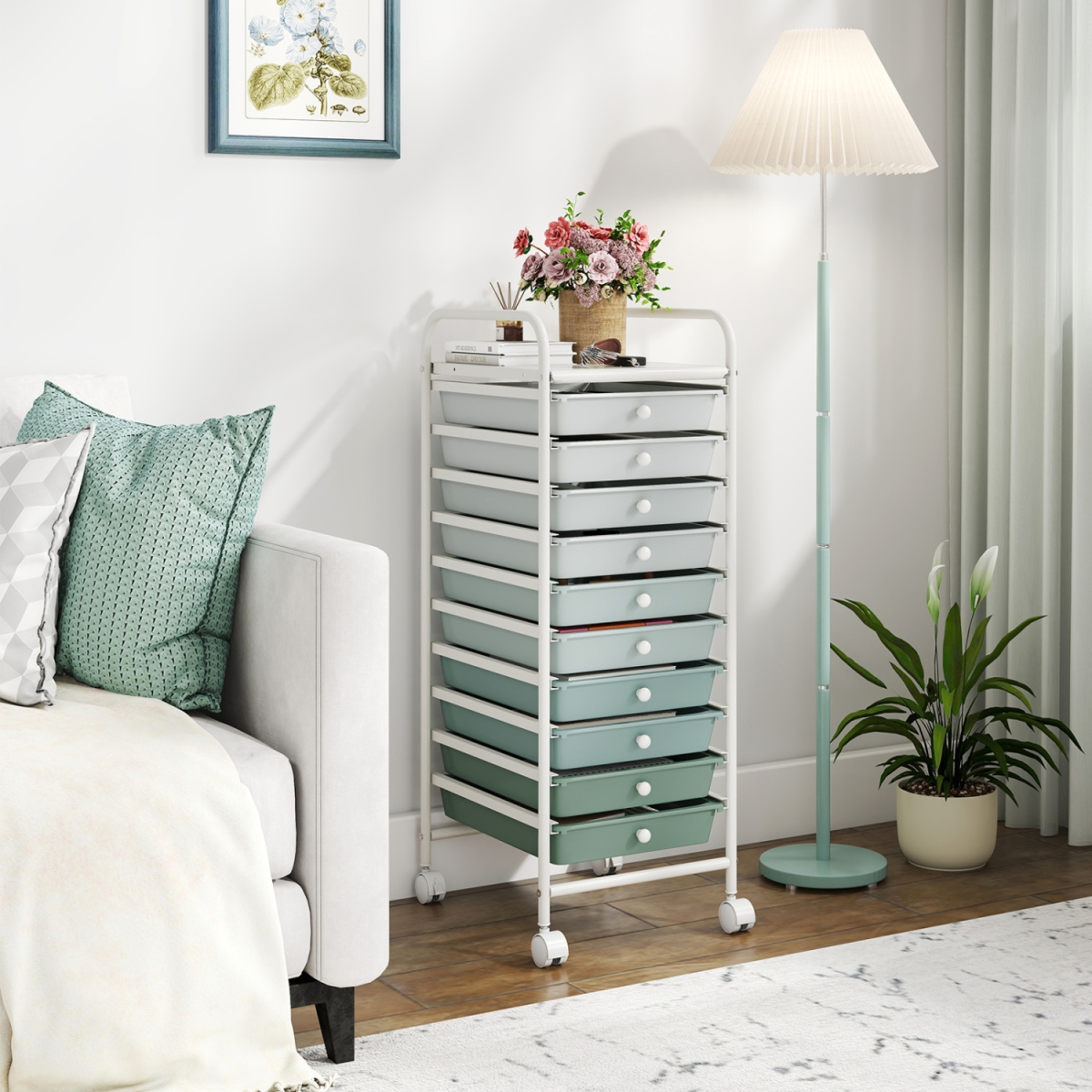 HW52045QR 10 Drawer Rolling Storage Cart Organizer with 4 Universal Casters - Green