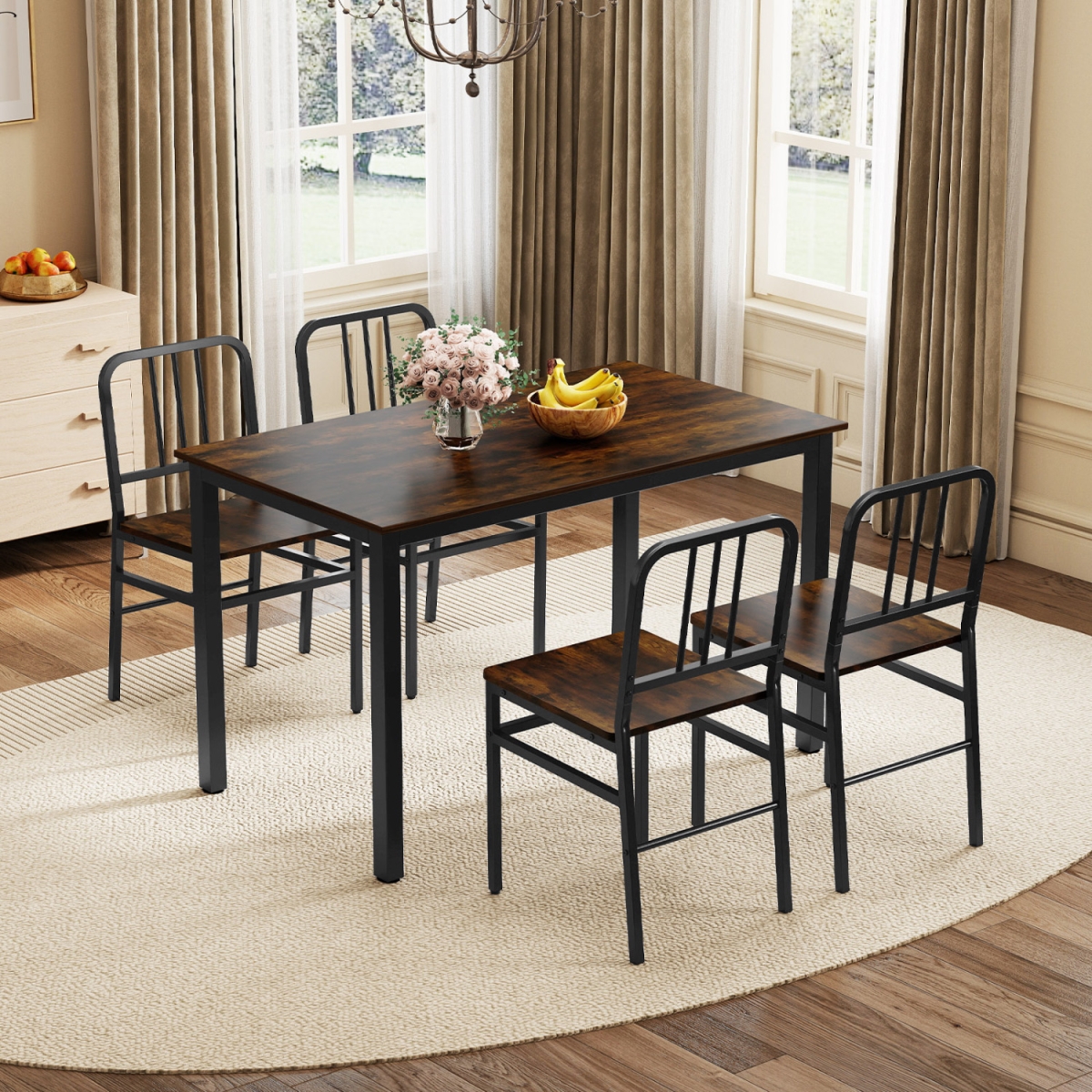 JV12325CF-12 Dining Chairs with Slatted Backrest & Metal Frame & Wooden Seat - Rustic Brown - Set of 4