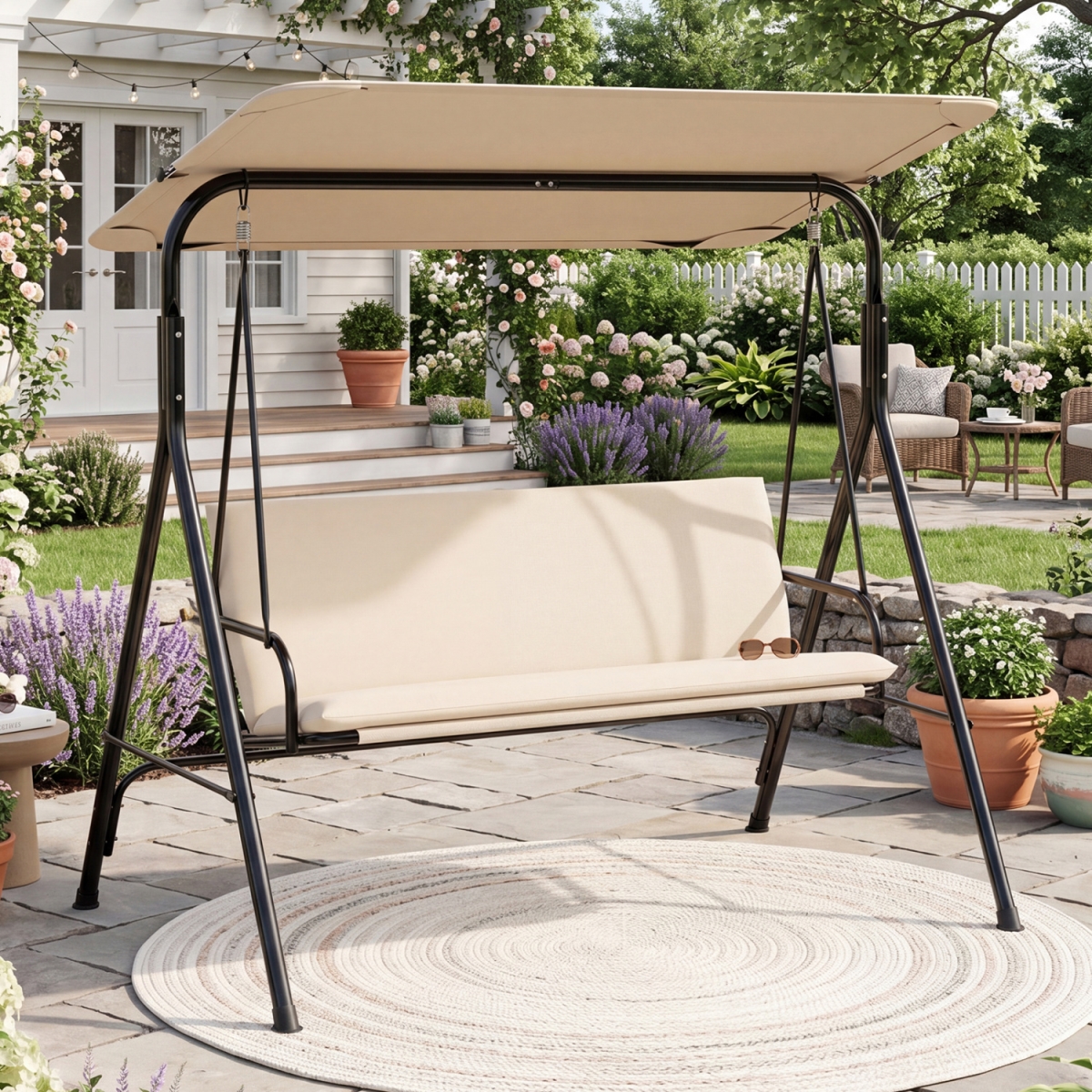 NP13716BE 3-Seat Patio Swing Chair with Adjustable Canopy & Removable Cushion - Beige