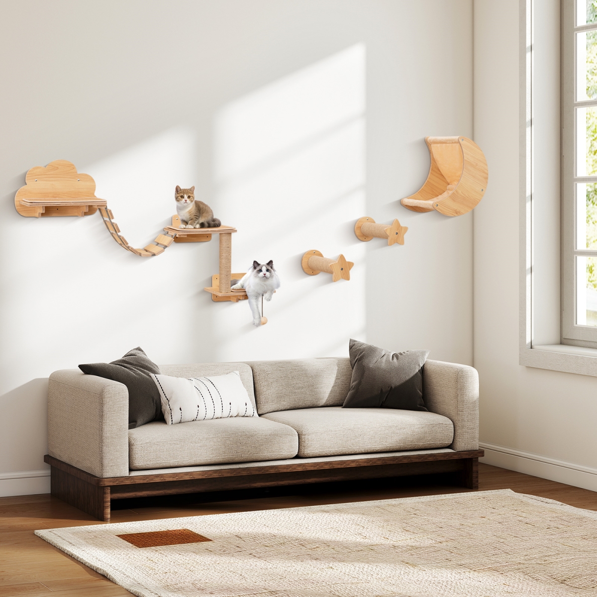 PV10342BE Cat Wall Furniture Set Kitten Wall Mounted Shelves with Hammock - Natural