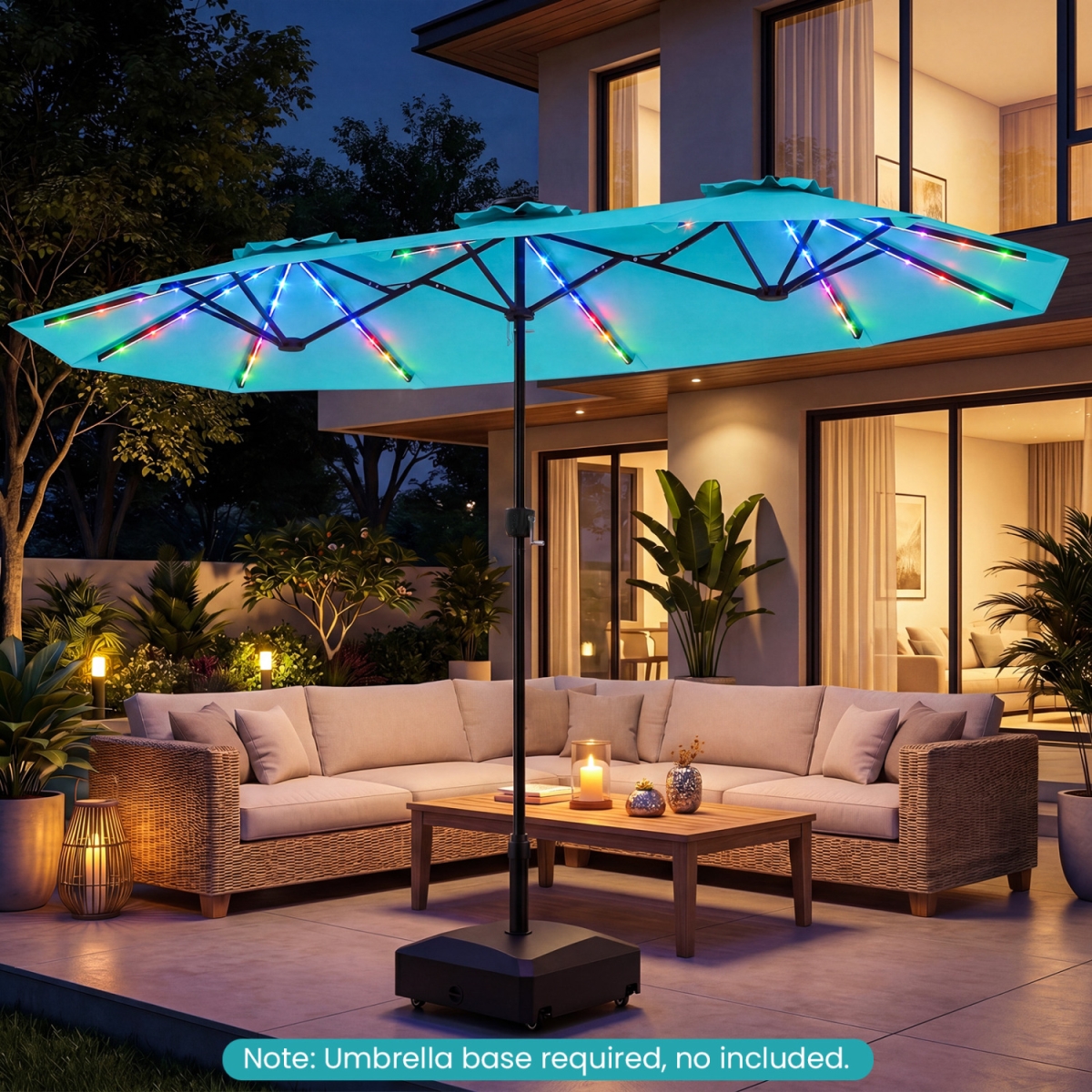 NP13305TU 13 ft. Double-Sided Patio Umbrella with Color-Changing Flowing Solar LED Lights - Turquoise