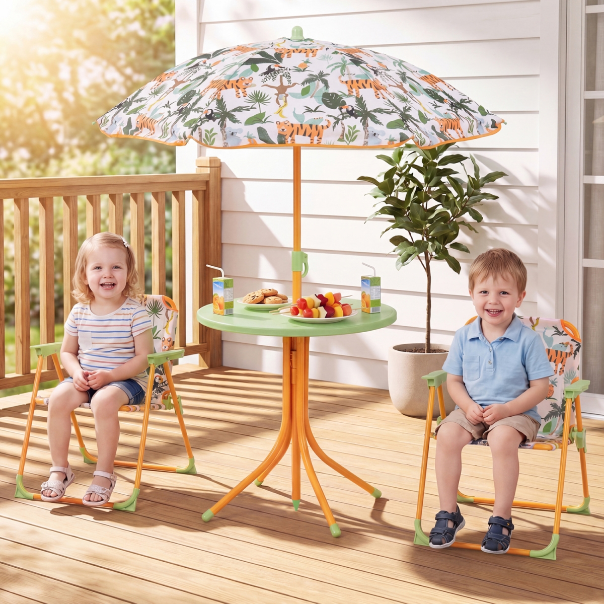 NP13404YW Kids Outdoor Table & Chair Set with 2 Folding Chairs & Height Adjustable Umbrella - Yellow