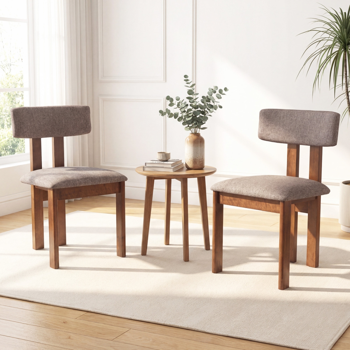 KC59313WN-2 Upholstered Rubber Wood Dining Chairs with Curved Backrest - Walnut - Set of 2