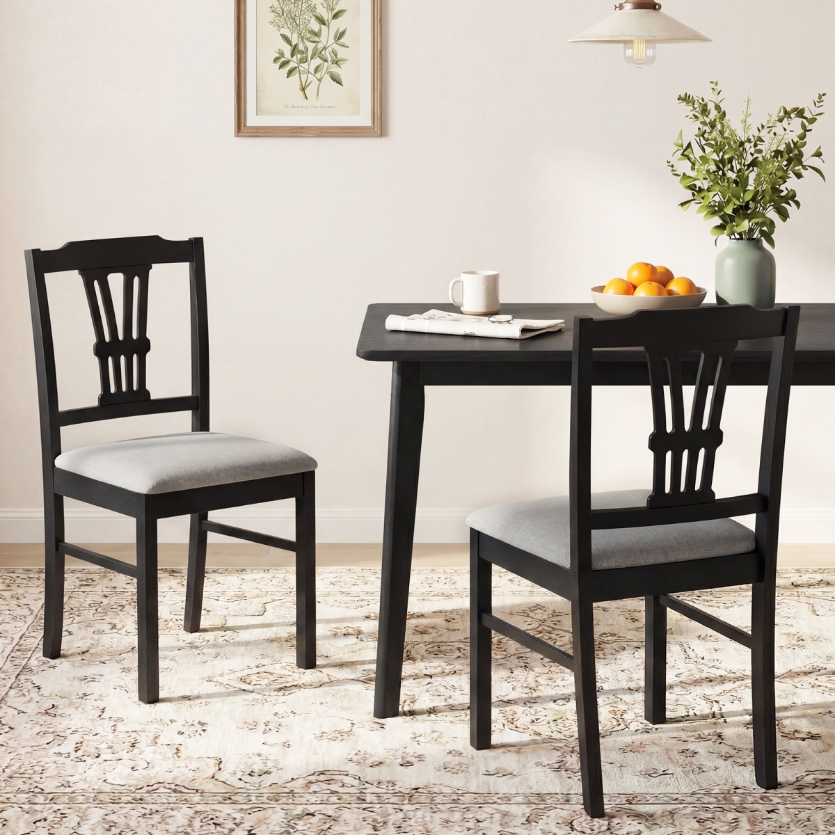 KC59359DK-2 Wooden Dining Chairs Upholstered Kitchen Chairs with Solid Rubber Wood Frame - Gray - Set of 2