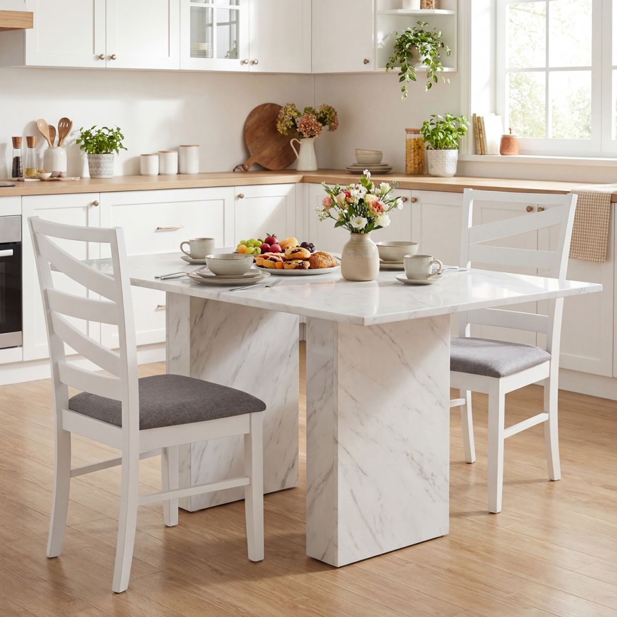 KC59467WH-2 Dining Chairs with Backrests & Rubber Wood Frames - White - Set of 2