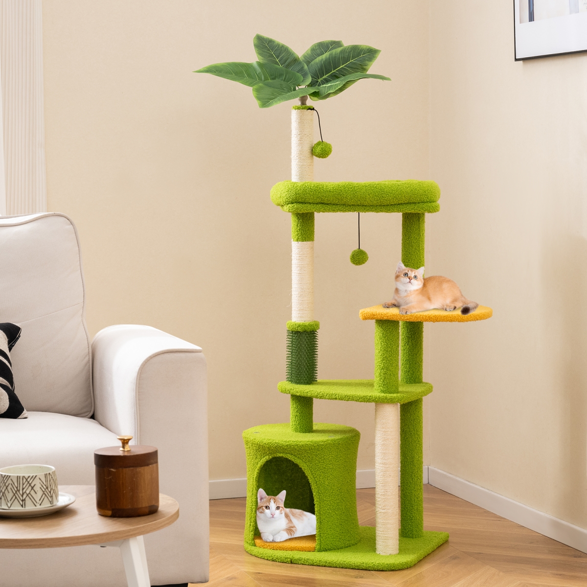 PV10348GN Cute Cat Tree for Adult Cats Multi-Level Kitty Tower - Green