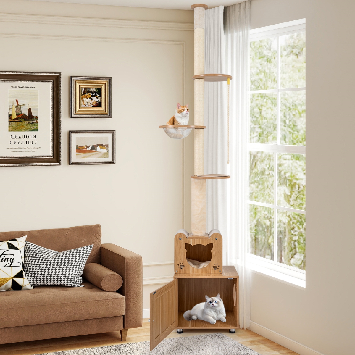 PV10440BN 101 in. Floor to Ceiling Cat Tree Height Adjustable with Litter Box Enclosure - Brown