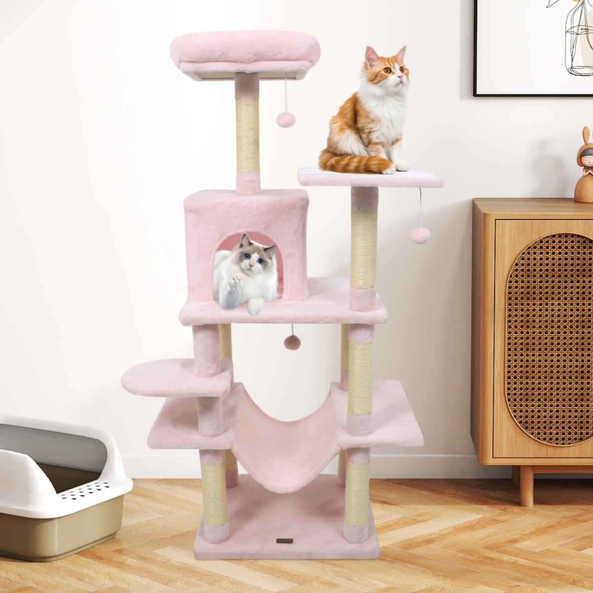 PV10471PI 58 in. Multi-Level Cat Tree Soft Plush Cat Tower with Padded Top Perch - Pink