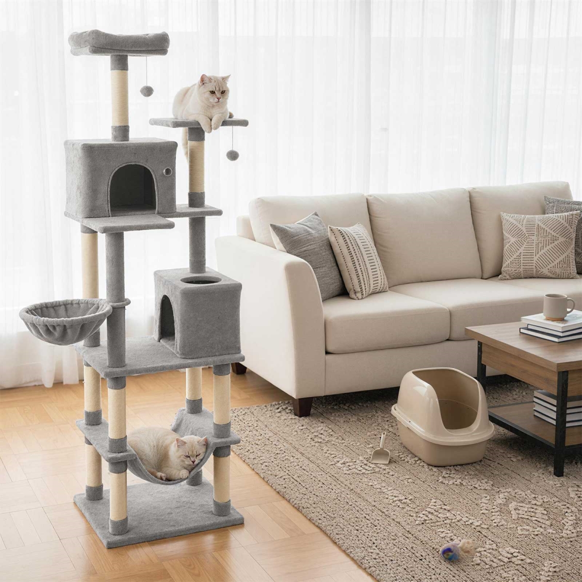 PV10486HS 80 in. Tall Cat Tree with 2 Large Condos & Dangling Toys - Light Gray