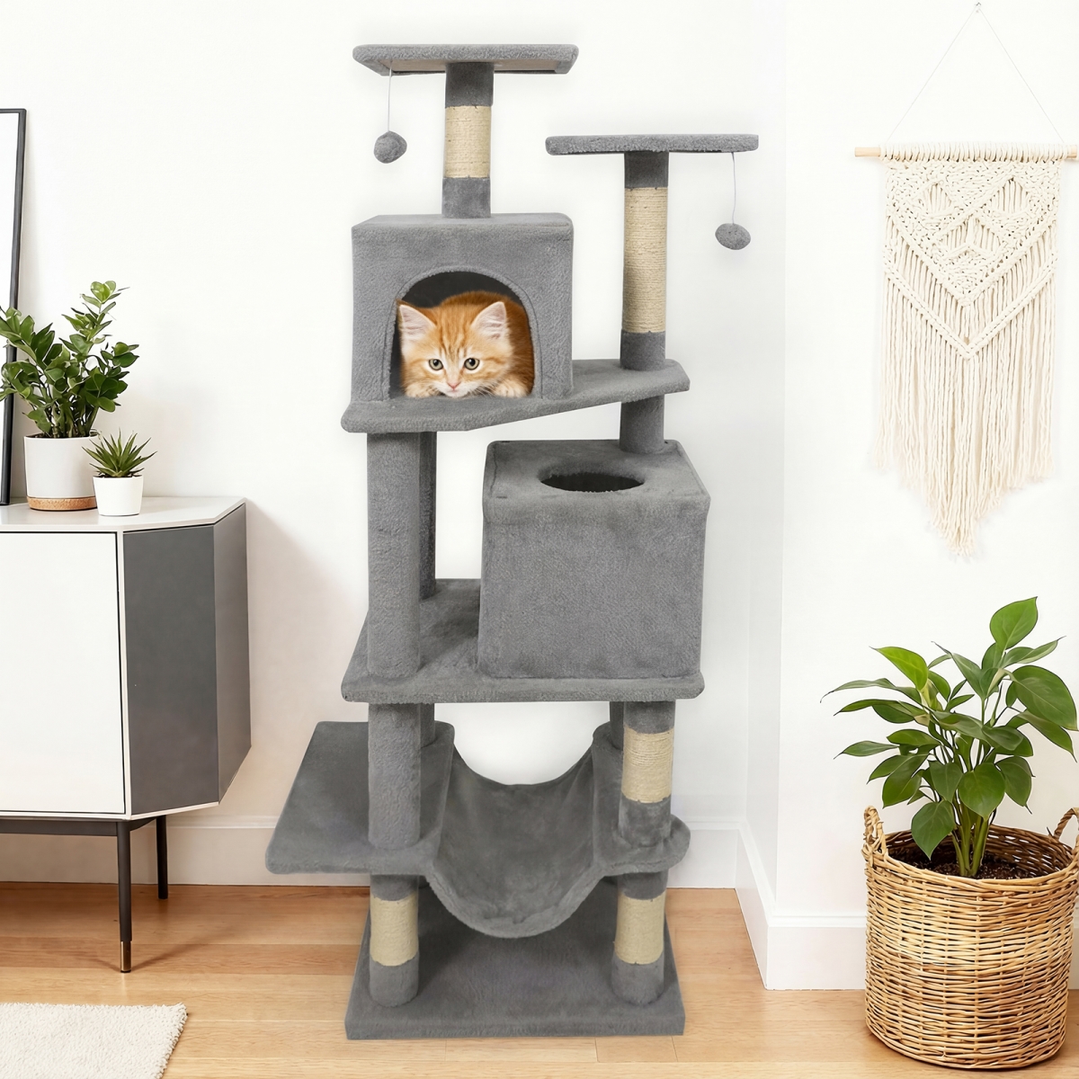PV10488HS 57 in. Cat Tree with Dual Condos & Hammock & 2 Dangling Balls - Light Gray