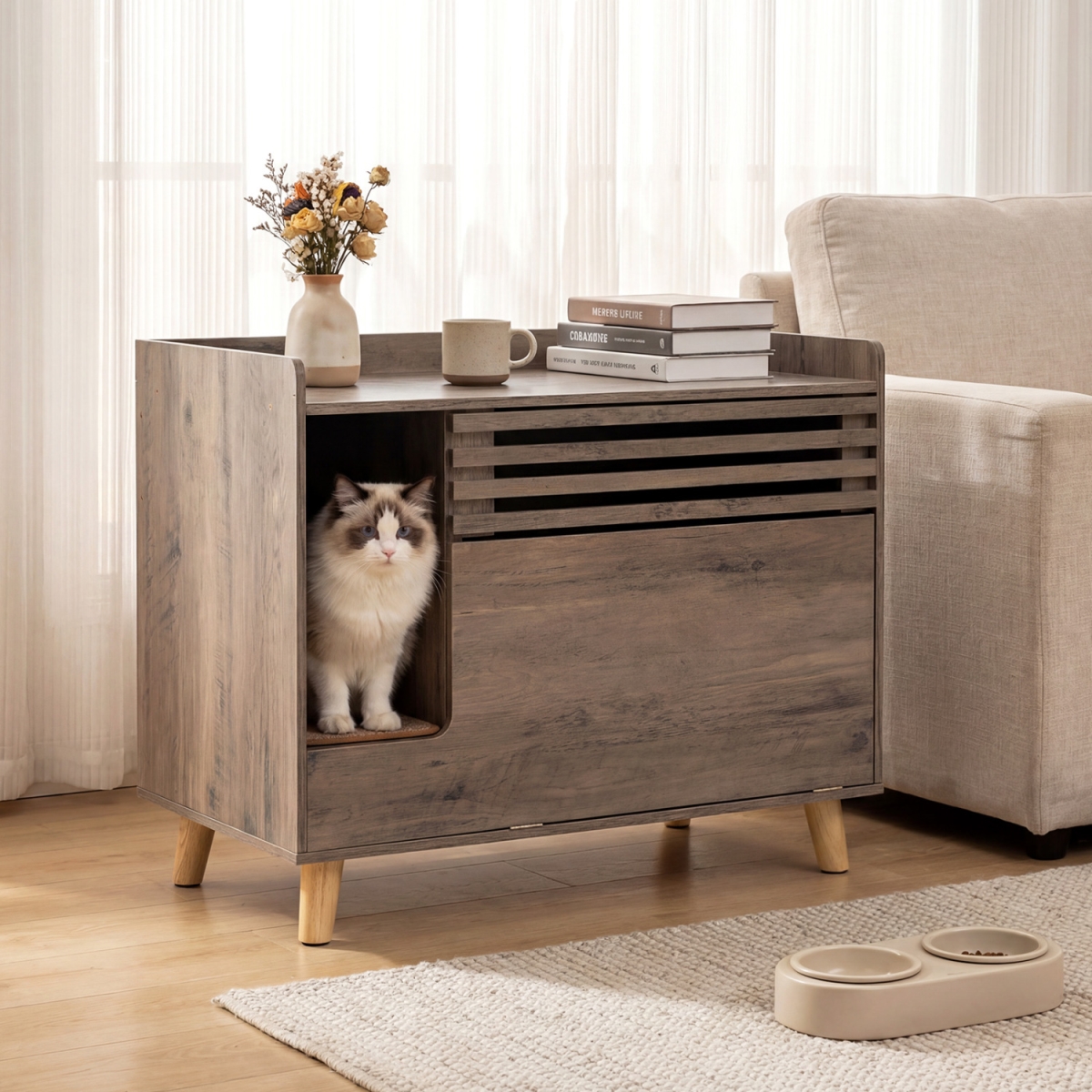 PV10489BN Cat Litter Box Enclosure with Flip-Down Opening Door & Scratching Mat - Brown