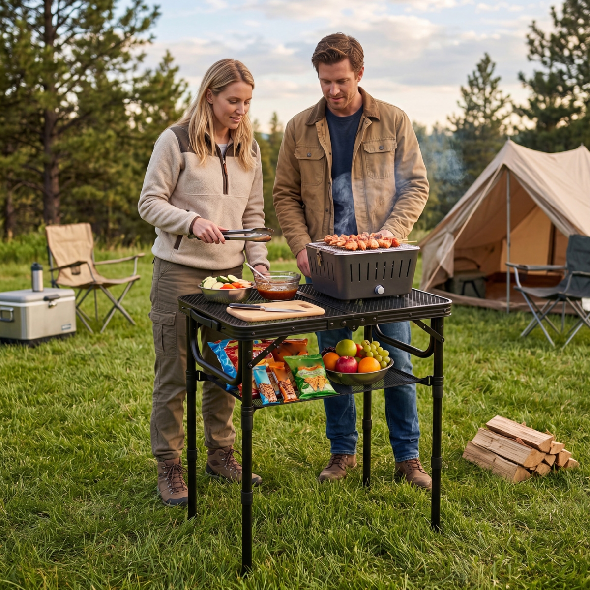 NP13520DK Camping 3-Height Folding Picnic Table with Large Storage Net & Handle - Black