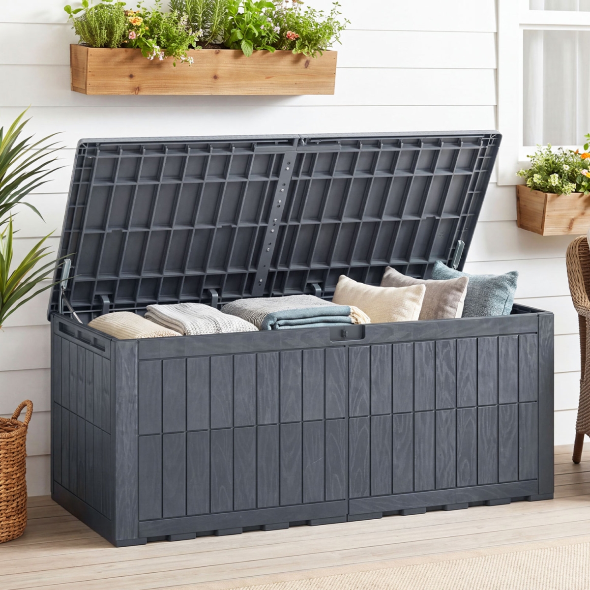 NP13731GR 180 gal Outdoor Deck Box All-Weather Lockable Storage Bin with Lid & Handles - Gray