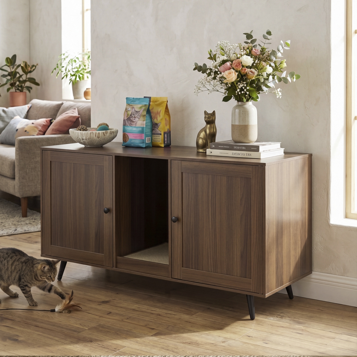 PV10513HT Double Cat Litter Box Enclosure for 2 Cats with Scratching Pad & Double Rooms - Walnut