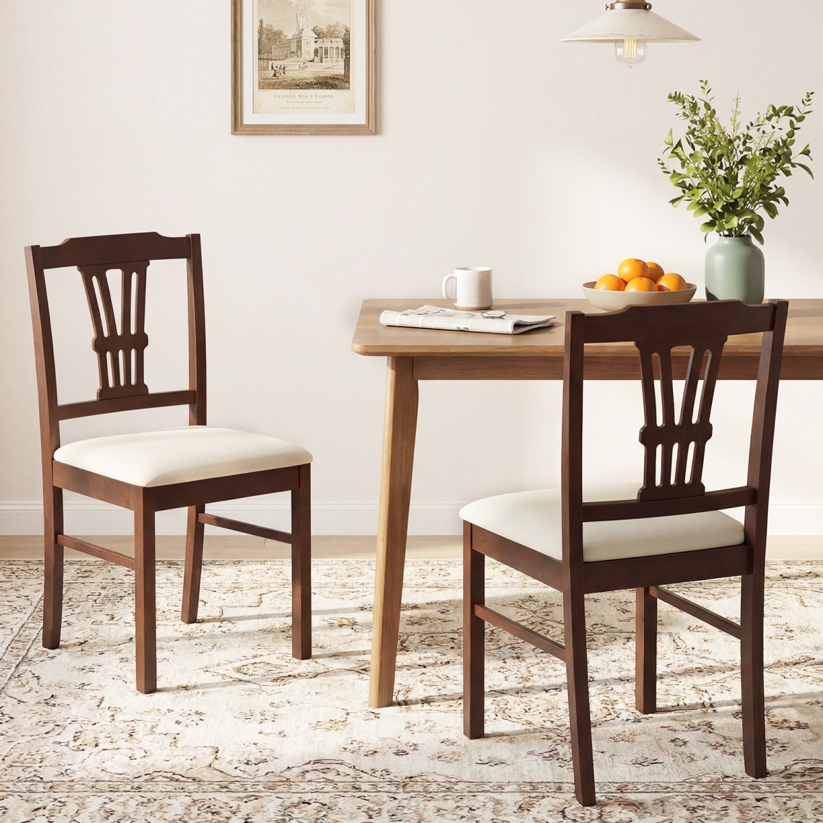KC59359BN-2 Wooden Dining Chairs Upholstered Kitchen Chairs with Solid Rubber Wood Frame - Beige - Set of 2