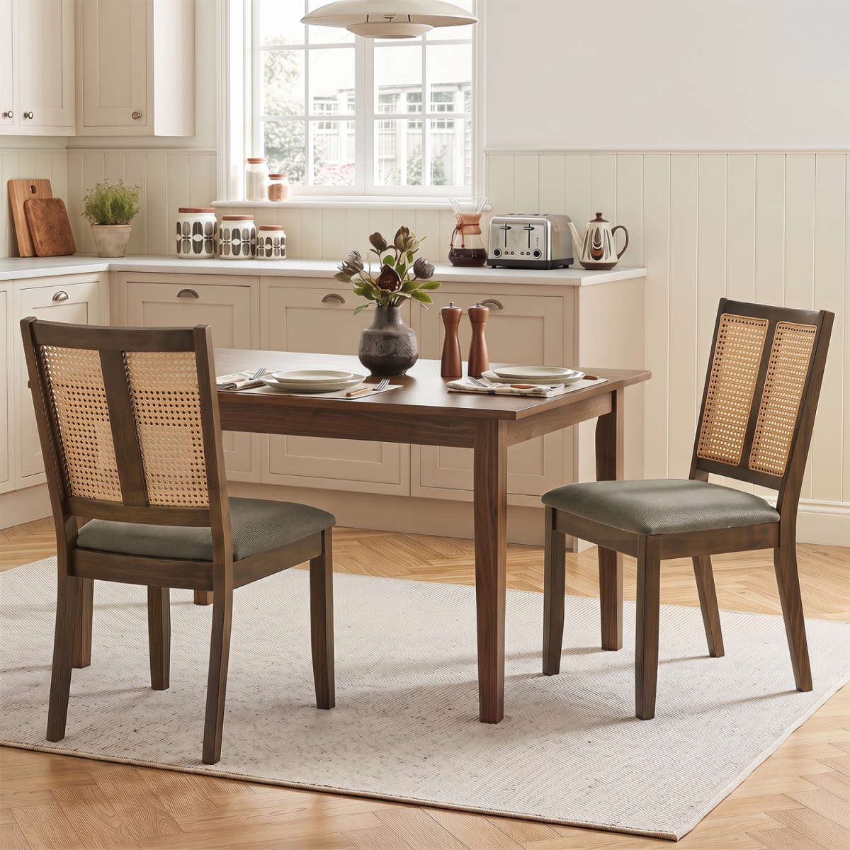 KC59449WN-2 Rattan Dining Chairs with Curved Backrest & Padded Seat for Dining Room - Gray - Set of 2