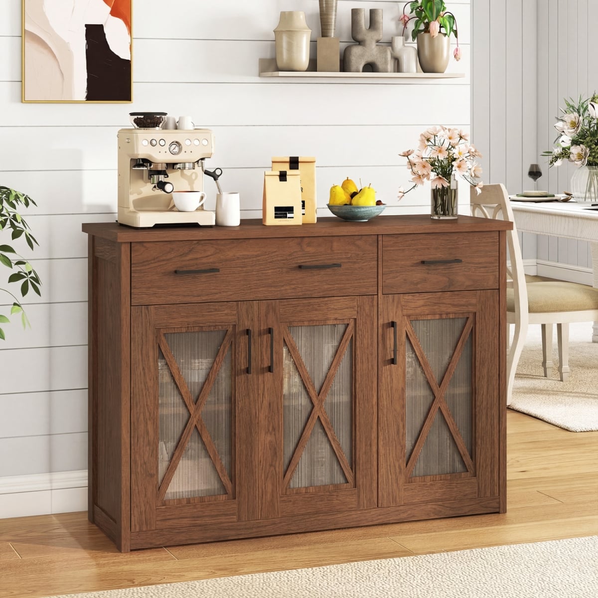 KC59470ZS Farmhouse Buffet Sideboard 3-Door Kitchen Storage Cabinet with 2 Drawers - Brown