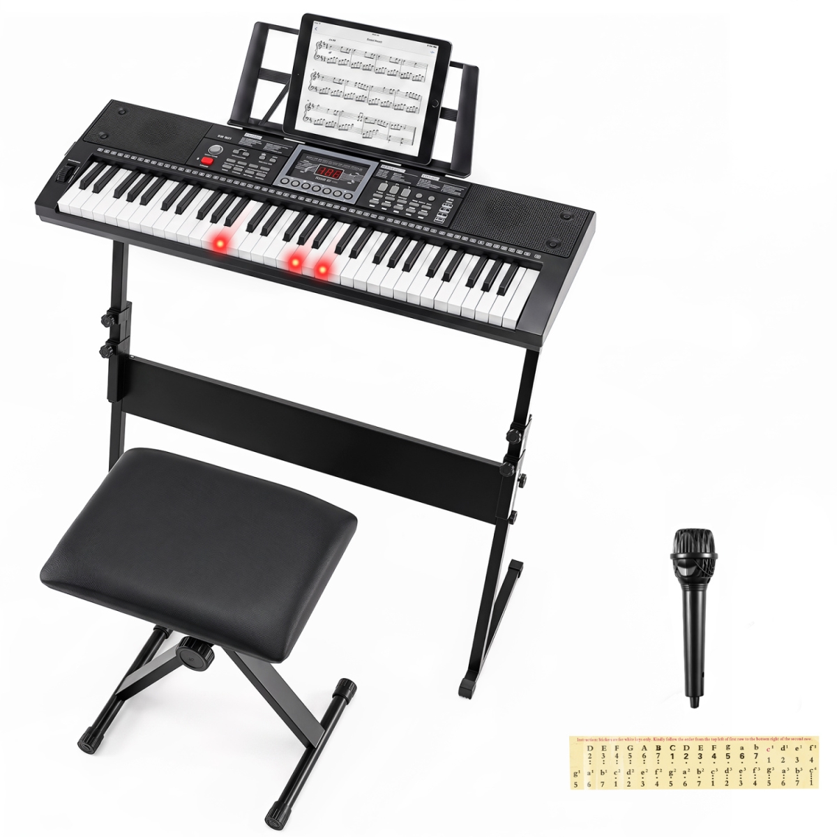 MU10151US-BK 61 Key Keyboard Piano for Beginners with Stand Stool Lighted Keys - Black