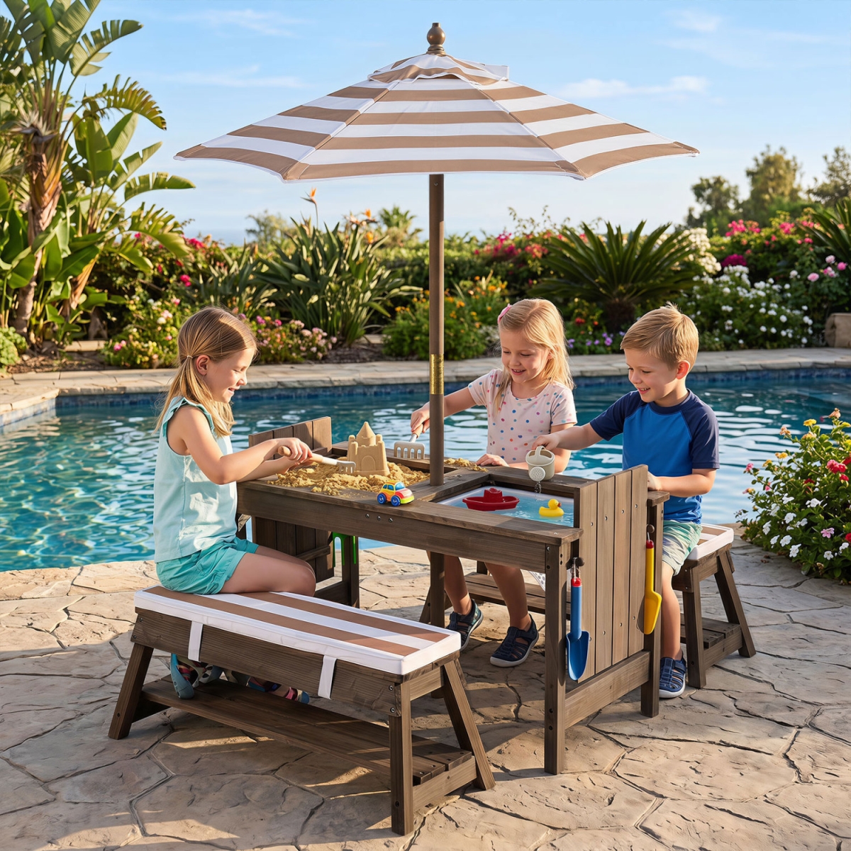 NP13091CF Outdoor Kids Wooden Picnic Table & Benches Set with Umbrella - Brown