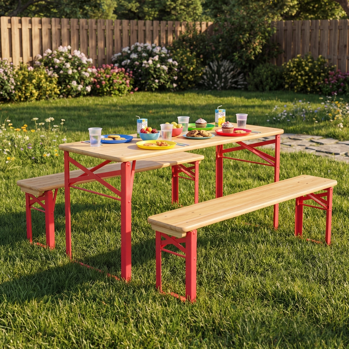 NP13166RE 43.5 in. Folding Kids Picnic Table & Bench Set No Assembly Wooden Toddler Table - Red