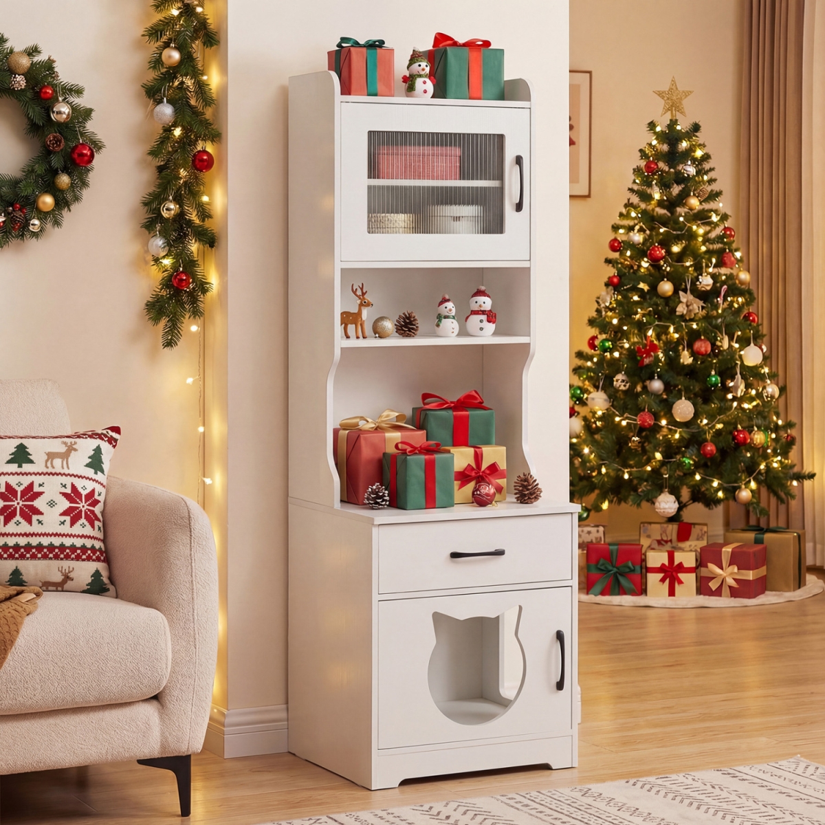 PV10455US-WH 60 in. Cat Litter Box Enclosure with Adjustable LED Light & Storage Shelves & Charging Station - White
