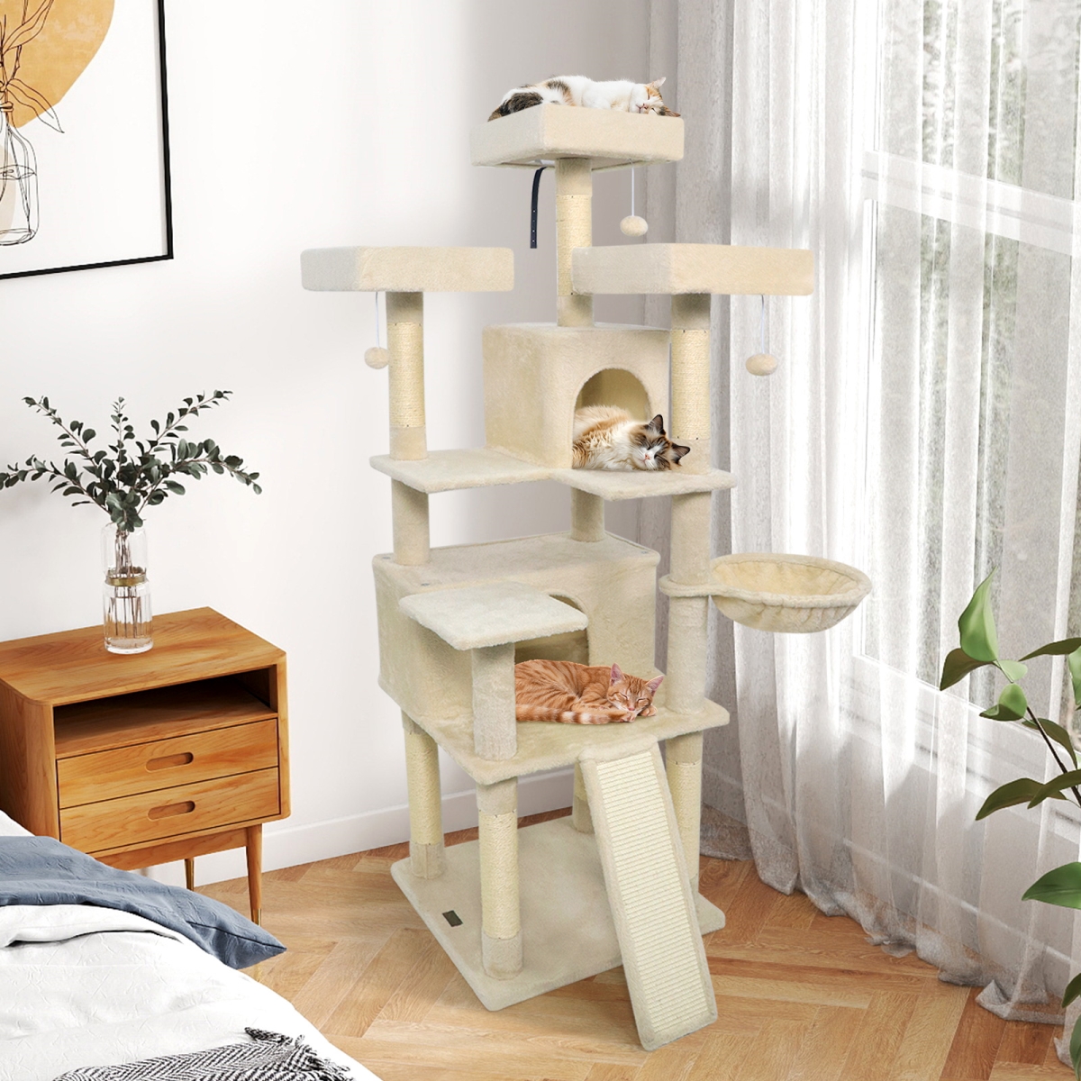 PV10472BE 65 in. Tall Multi-Level Cat Tree with 3 Upholstered Perch & 2 Cat Condos - Beige