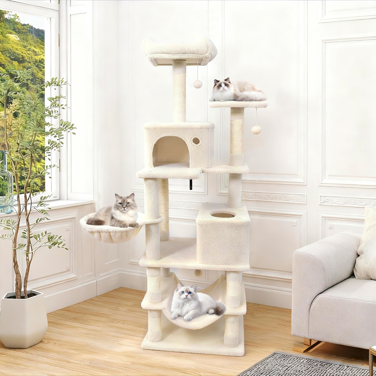 PV10485BE 66 in. Tall Cat Tree Multi-Level Cat Tower with 2 Condos Sisal Scratching Posts - Beige