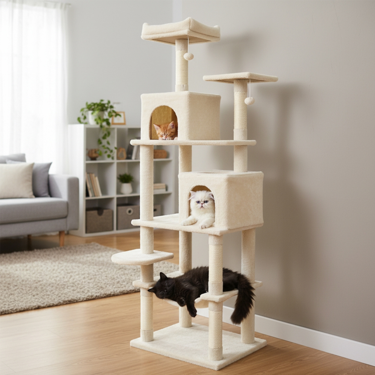 PV10487BE Multi-Level Cat Tree Modern Cat Tower with Upholstered Perch & 2 Cat Condo - Beige