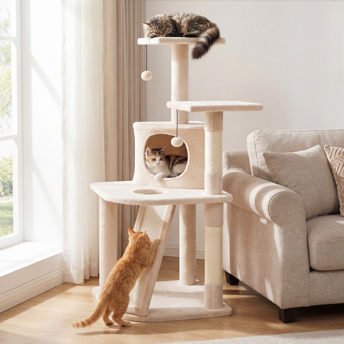 PV10501BE 44 in. Tall Kitten Tower with Condo & 2 Plush Perches - Beige