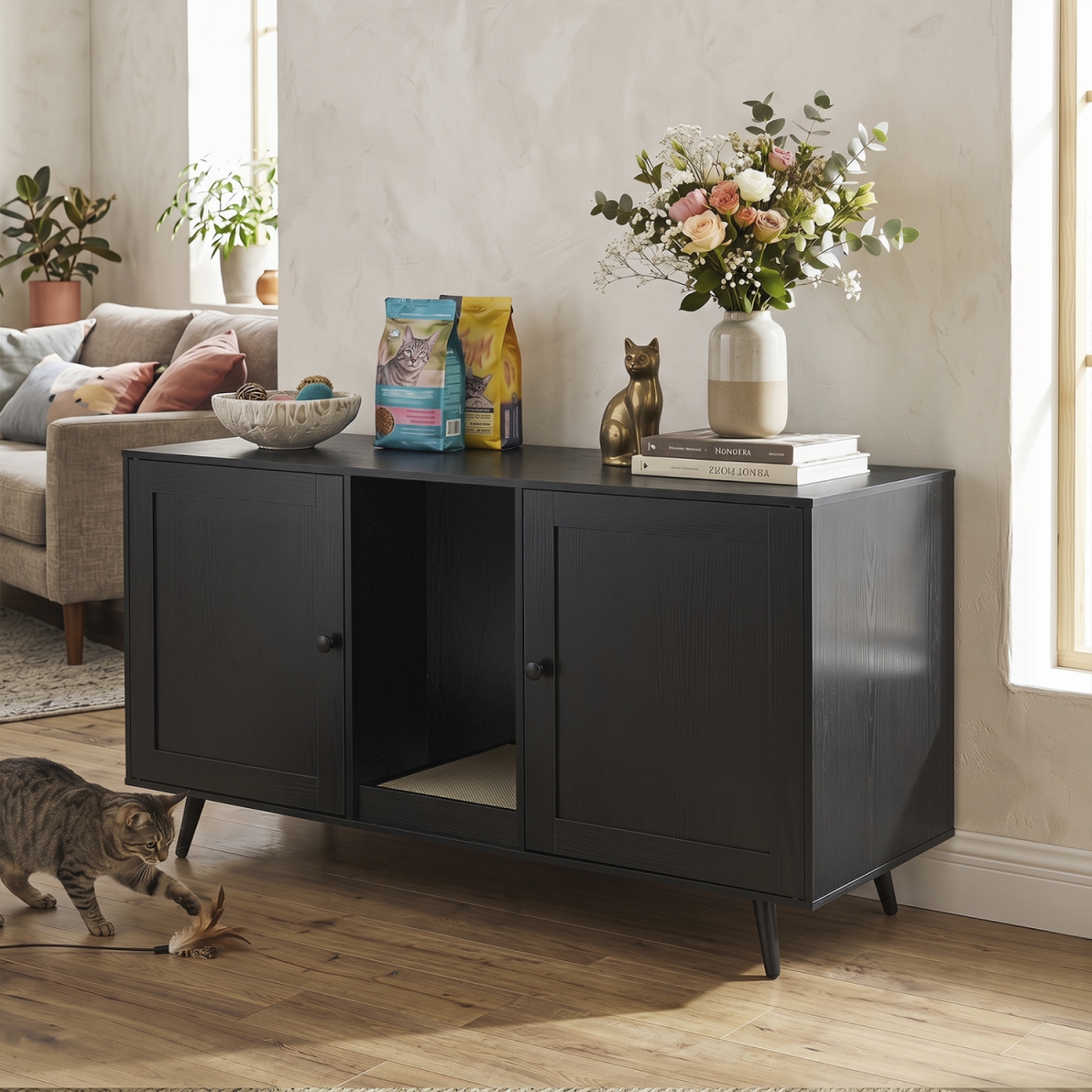 PV10513DK Double Cat Litter Box Enclosure for 2 Cats with Scratching Pad & Double Rooms - Black
