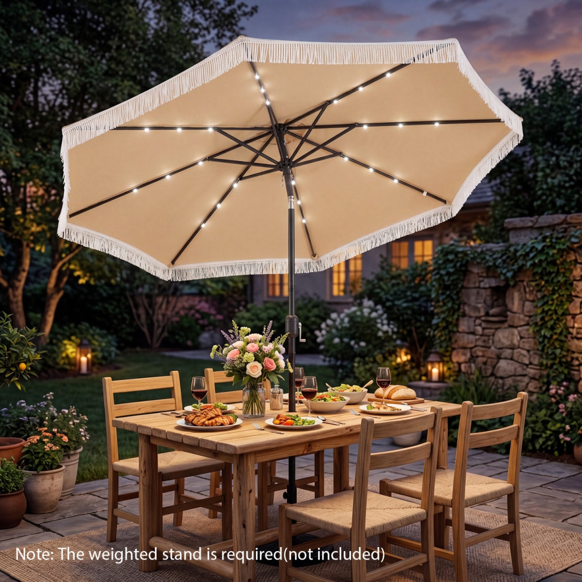 NP13220BE 10 ft. Solar Patio Umbrella with 24 LED Lights for Yard - Beige