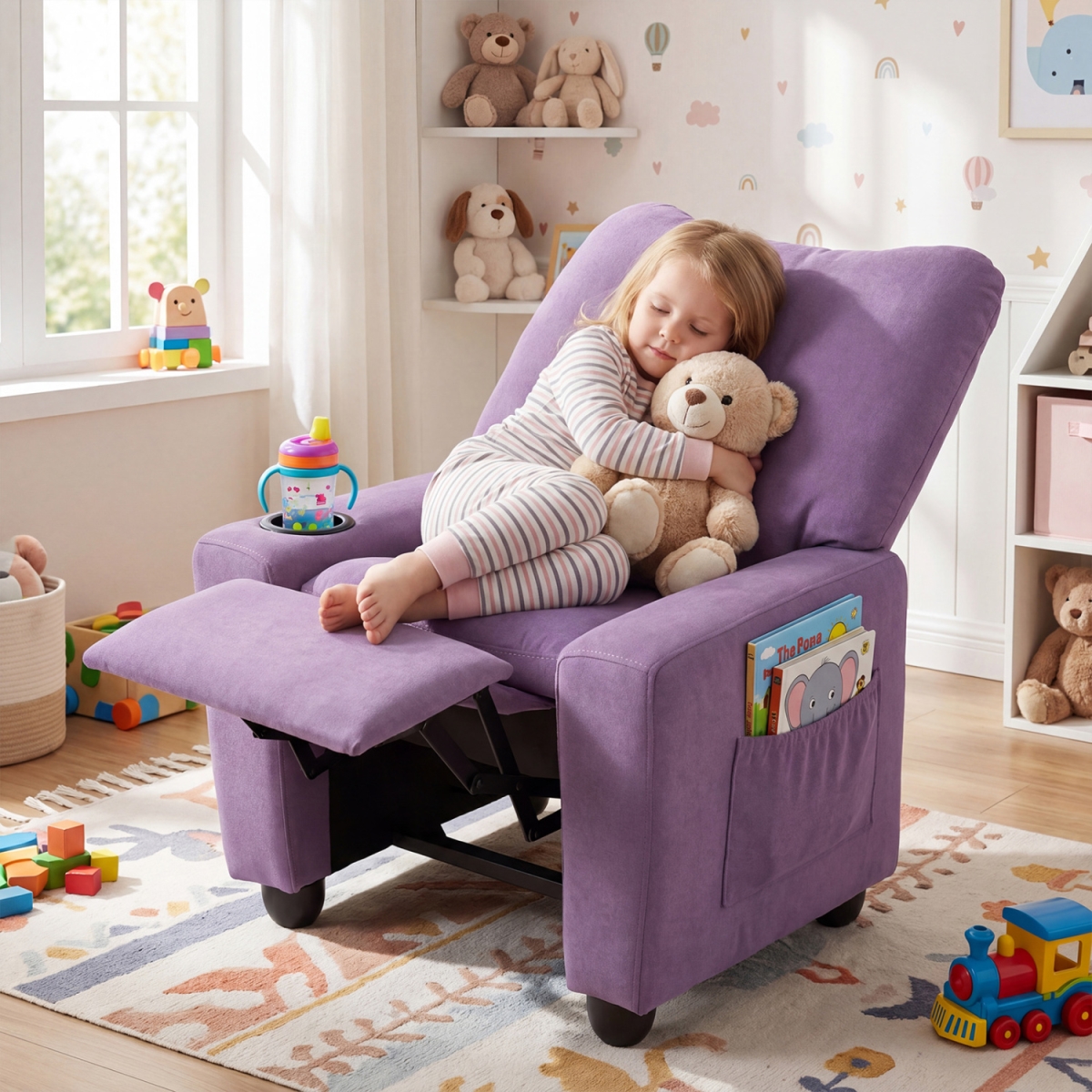 HY10503ZS Kids Recliner Toddler Single Sofa with Adjustable Footrest & Cup Holder - Purple