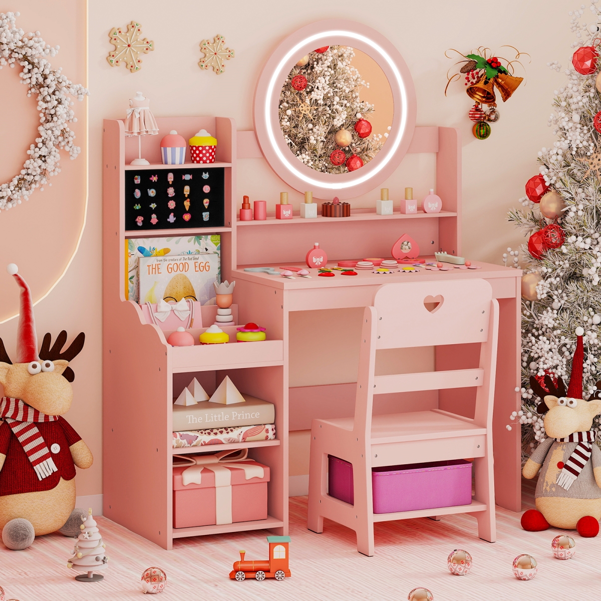 HY10532PI Kids Vanity Desk with Mirror & Lights Princess Pretend Play Dressing Table & Chair Set - Pink