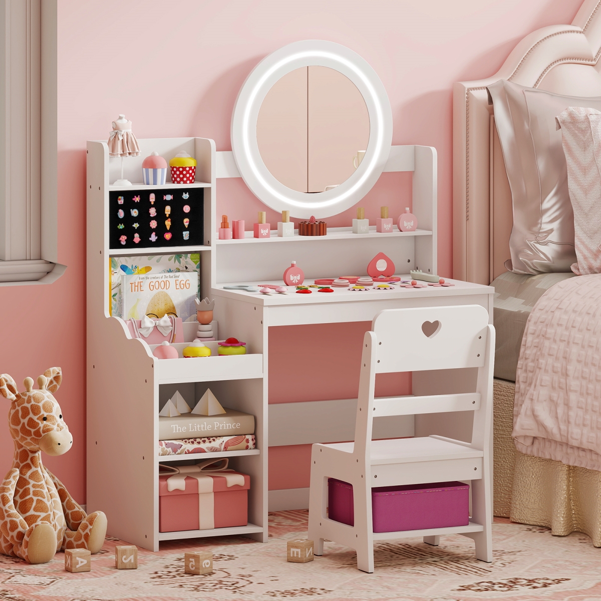 HY10532WH Kids Vanity Desk with Mirror & Lights Princess Pretend Play Dressing Table & Chair Set - White
