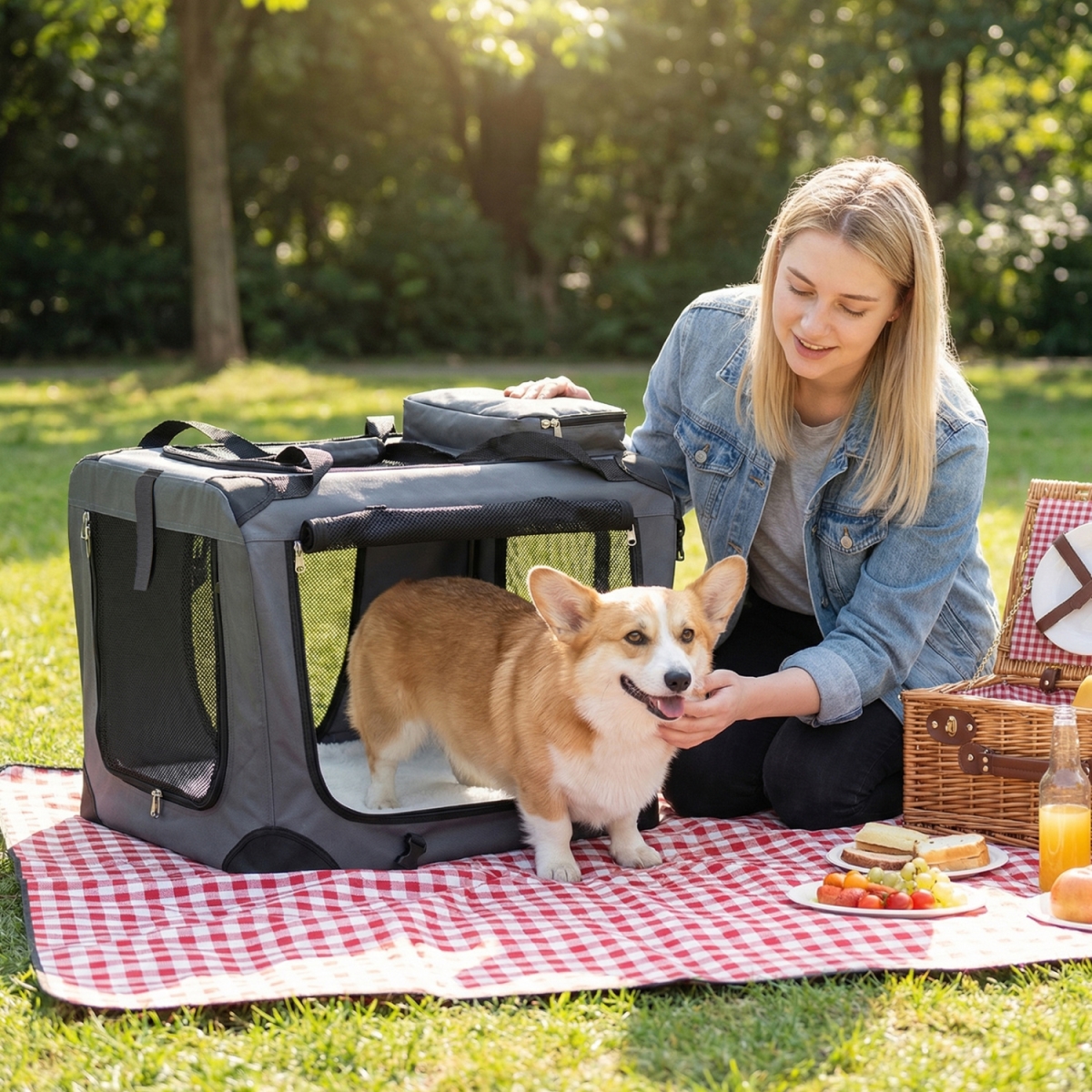 PV10551GR Collapsible Soft Dog Travel Crate with Mesh Windows & 3 Doors - Gray - Small