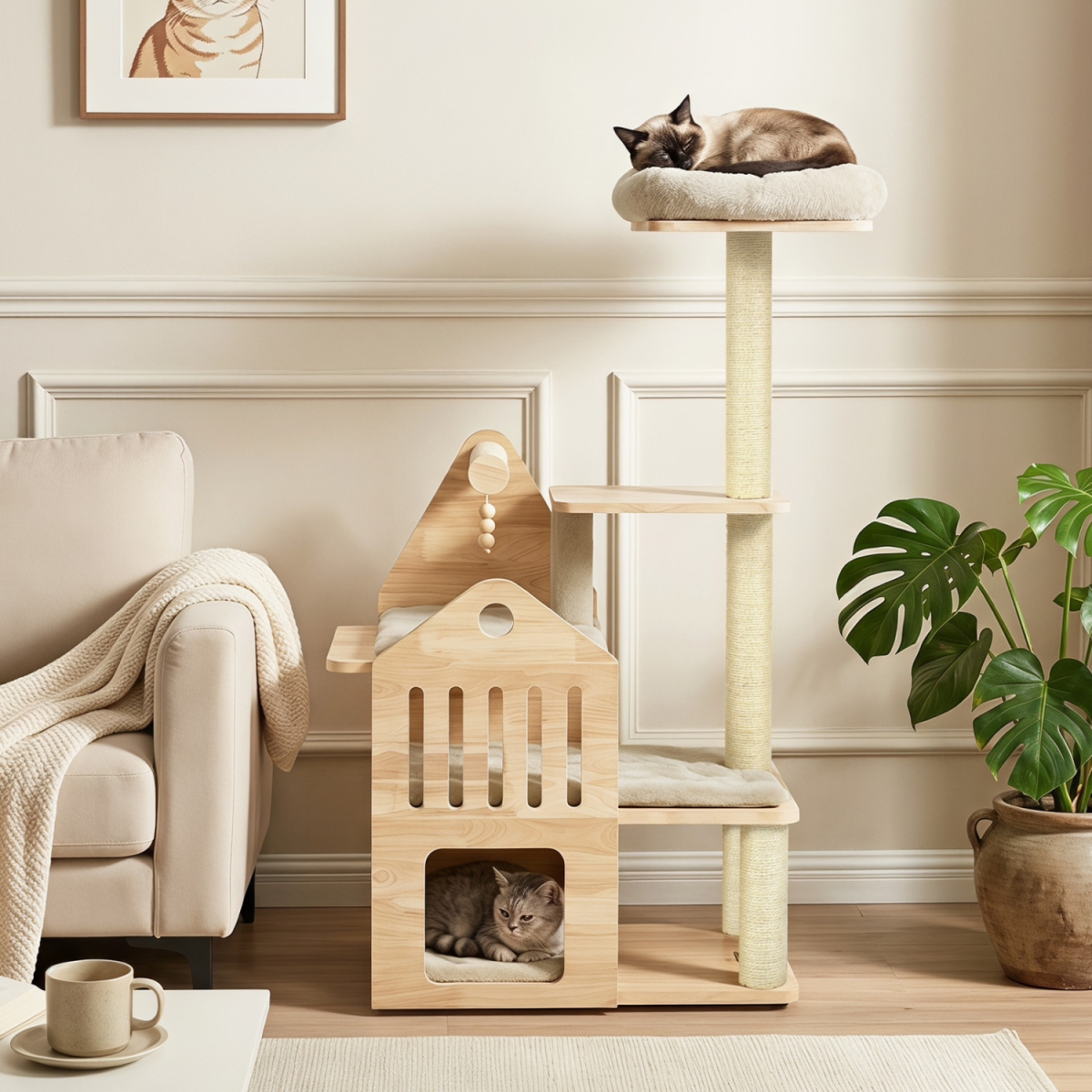 PV10598BE 48.5 in. Multi-Level Solid Wood Cat Tree for Indoor Cats with Padded Top Perch Cat Condo & Sisal Scratching Posts - Beige