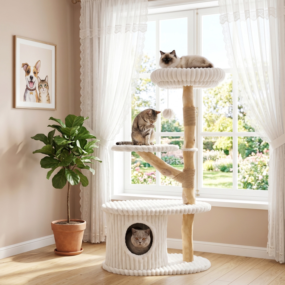 PV10609BE 41 in. Tall Modern Cat Tower with Real Wood Branches Scratching Posts for Indoor - Beige