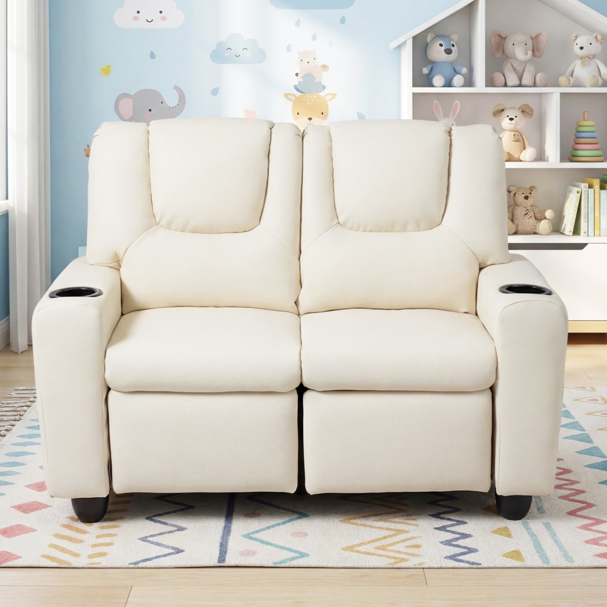 HY10563BE 2-Seater Kids Recliner Double Toddler Sofa Chair with 2 Cup Holders - Beige