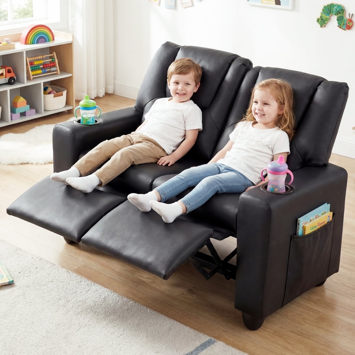 HY10563DK 2-Seater Kids Recliner Double Toddler Sofa Chair with 2 Cup Holders - Black