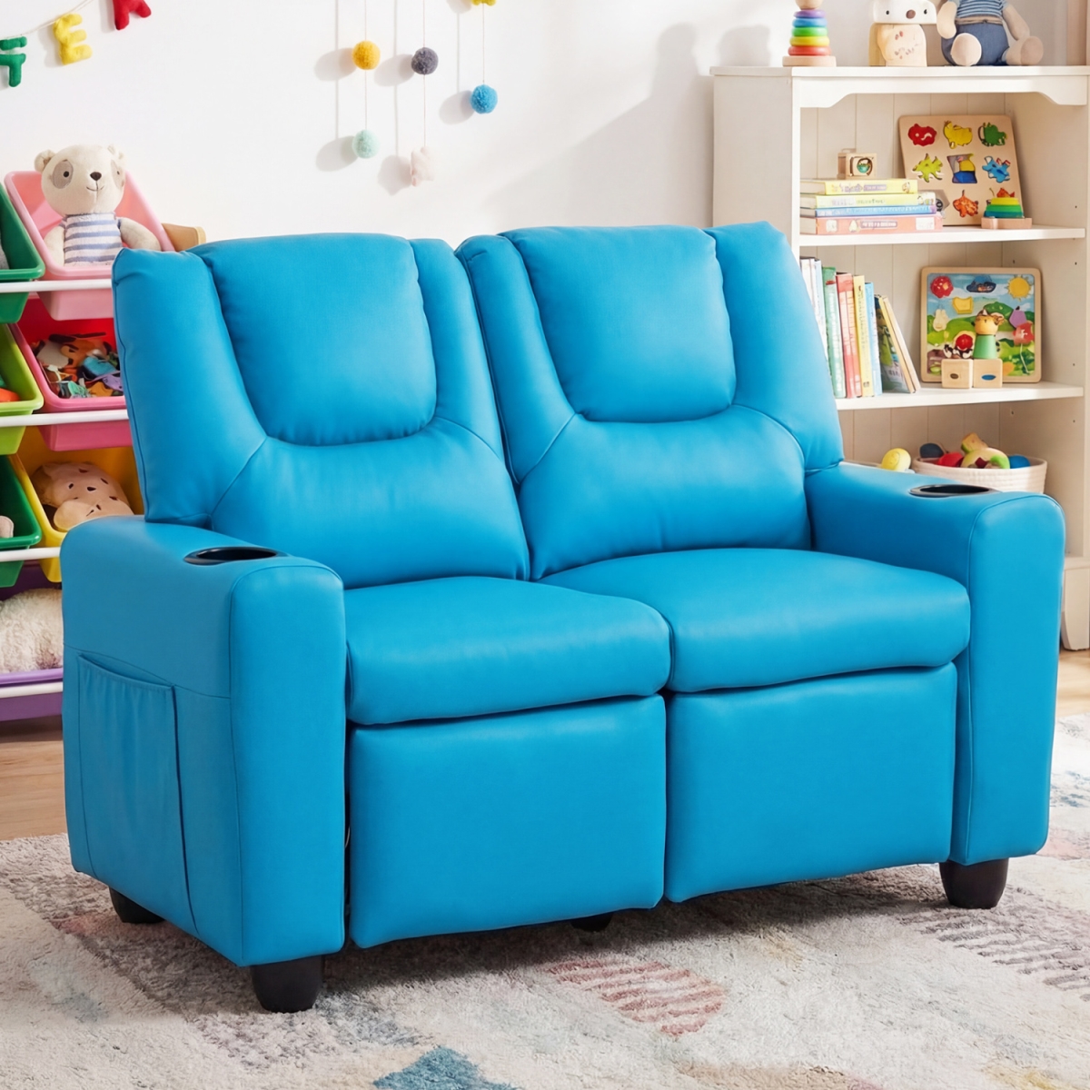 HY10563LS 2-Seater Kids Recliner Double Toddler Sofa Chair with 2 Cup Holders - Blue