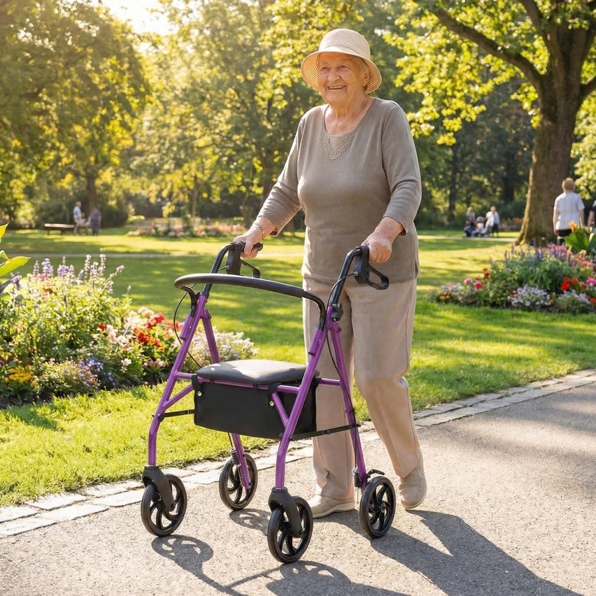 JH10062PU Rollator Walker with Seat & Height Adjustable Handles - Purple
