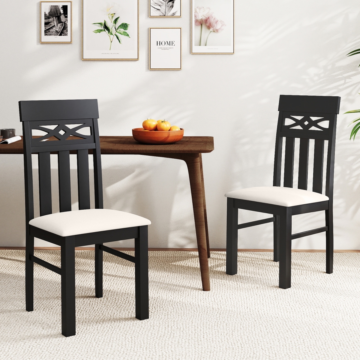 KC59322DK-2 Dining Chairs High Back Dining Room Chairs with Padded Seat & Rubber Wood Frame - Black - Set of 2