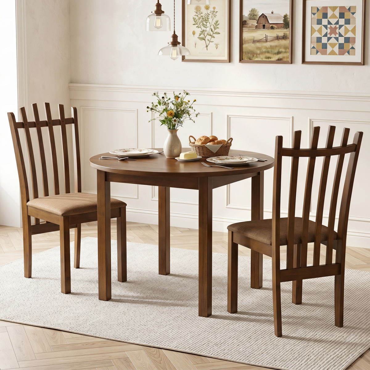 KC59617BN-2 Rubber Wood Slat Back Kitchen Dining Chairs - Brown - Set of 2