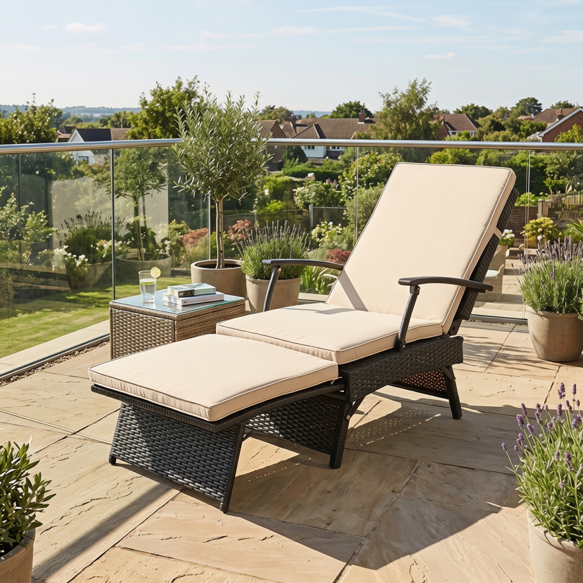 HW76241BN Folding Wicker Chaise Lounge with Slide-Out Ottoman11-Level Adjustable Backrest to Flat & Sun-Proof PE Rattan - Brown